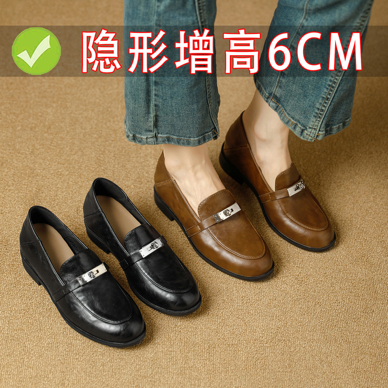 Genuine leather old money style loafers for women, 2026 autumn and winter new model, with internal height increase, chunky heel, slip-on, suitable for commuting Genuine leather old money style loafers for women, 2026 autumn and winter new model, with internal height increase, chunky heel, slip-on, suitable for commuting