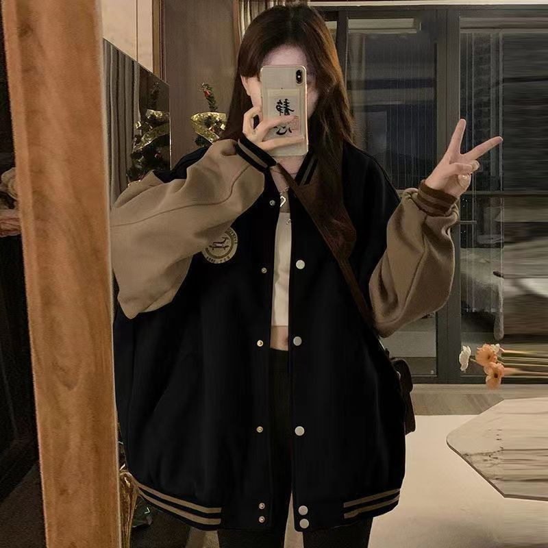 Lazy Style Baseball Coat Women's Spring Autumn and Winter Warm Retro Loose Casual Sweater Cardigan Women's Fashion Wholesale