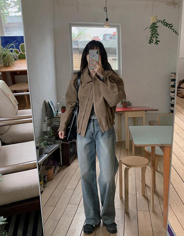 2025秋冬新款法式美拉德复古棕色系宽松鹿皮绒棒球服帅气机车外套|undefined