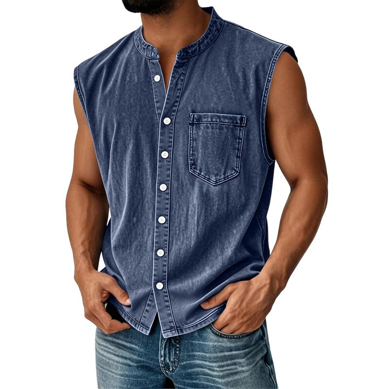 Men's Stand-Up Collar Sleeveless Denim Shirt, Summer Washed Vintage Style Single-Breasted Casual Vest Outerwear Men's Stand-Up Collar Sleeveless Denim Shirt, Summer Washed Vintage Style Single-Breasted Casual Vest Outerwear