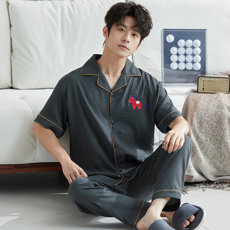 Simple Cartoon Embroidered Pajamas for Men, New Summer Style, Cloud Cotton Short-Sleeved Long Pants, Fashionable Design, Home Wear Wholesale