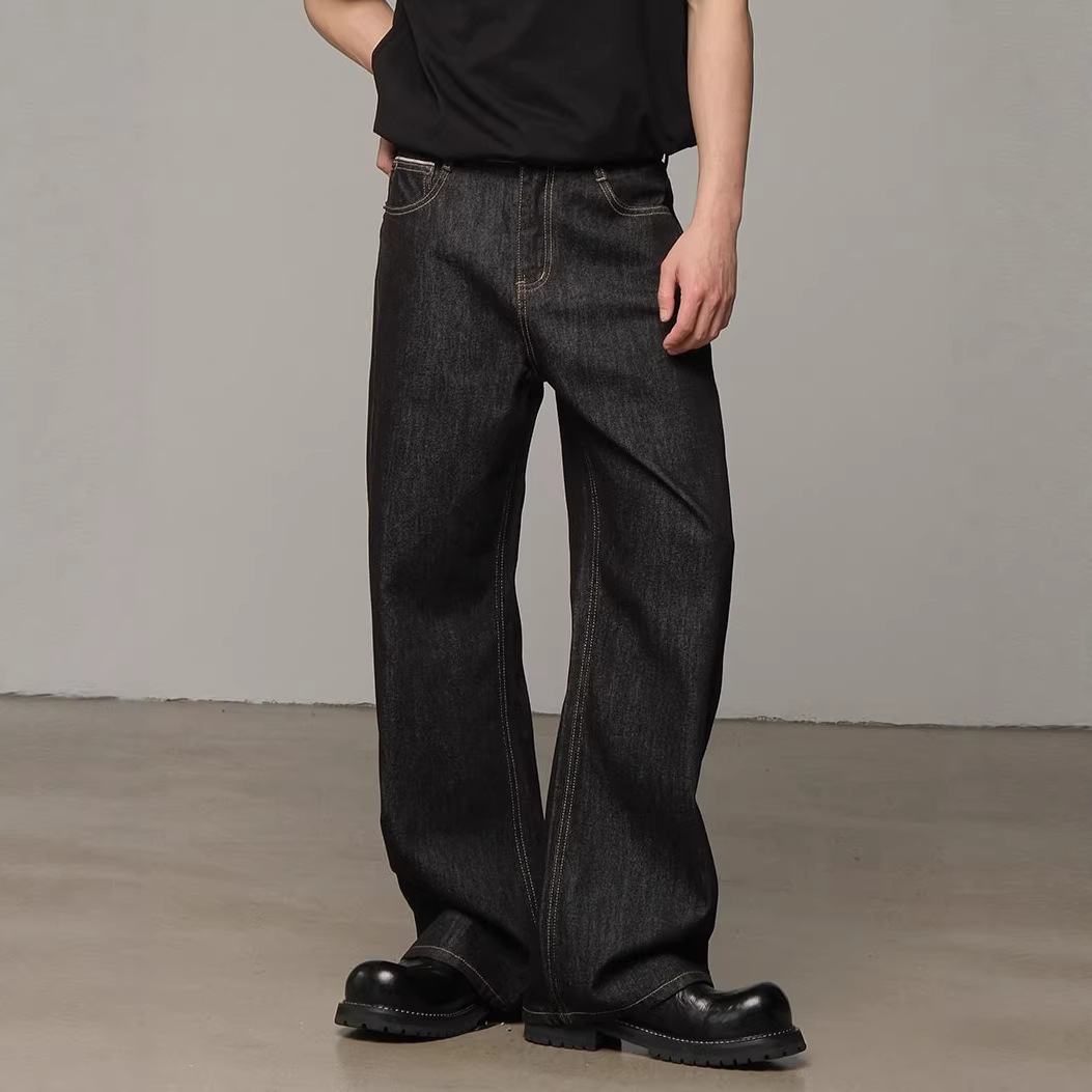 Classic American Raw Denim Jeans For Men – Straight Leg Relaxed Fit Washed Black Denim Pants, Vintage Style For Everyday Wear_mkmklike.com