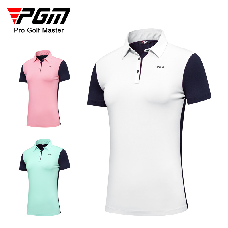 Áo thun nữ ngắn tay phối màu thể thao golf thoáng khí — YF554-Áo màu hồng, YF554-Áo màu trắng, KUZ149-Quần màu xanh nước biển, KUZ149-Quần Trắng