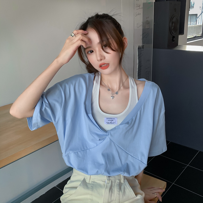 Women's T-shirt Off Shoulder Bubble Sleeve Colour Blocking Top_voghion.com