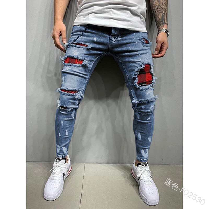 New Style Men's Self-cultivation Ripped Feet Pants New Style Men's Paint Jeans Factory Direct Sales