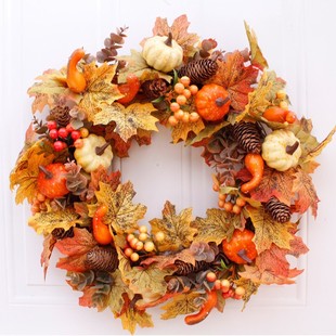Cross-Border New Product Thanksgiving Pumpkin Pine Cone Garland Door and Window Hangings Autumn Courtyard Berries Maple Leaf Rattan Circle Wall Decorations