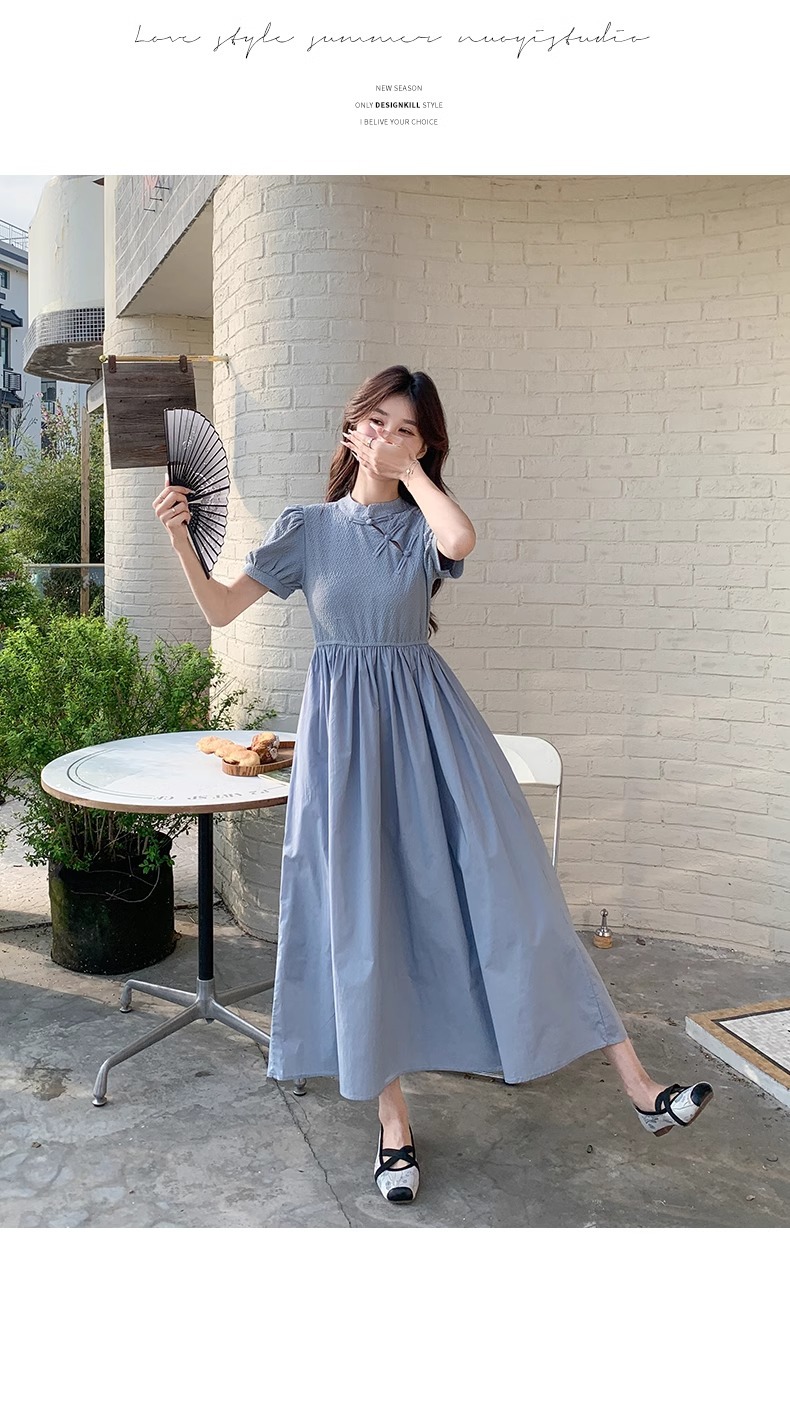 Blue Chinese Style For Women, Summer 2025 New Model, Improved Cheongsam, Elegant And Slimming Long A-line Dress_ecoleips.com