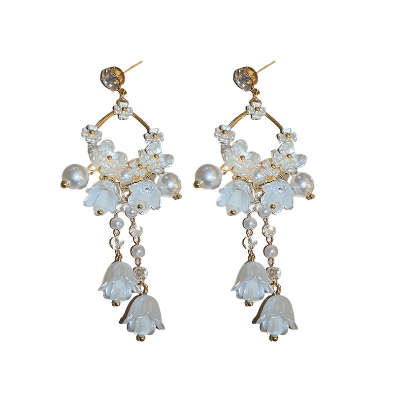 Aguja de plata diamante perla lirio flor pendientes estilo francés luz lujo de alto grado pendientes elegante Super hadas diseño pendientes