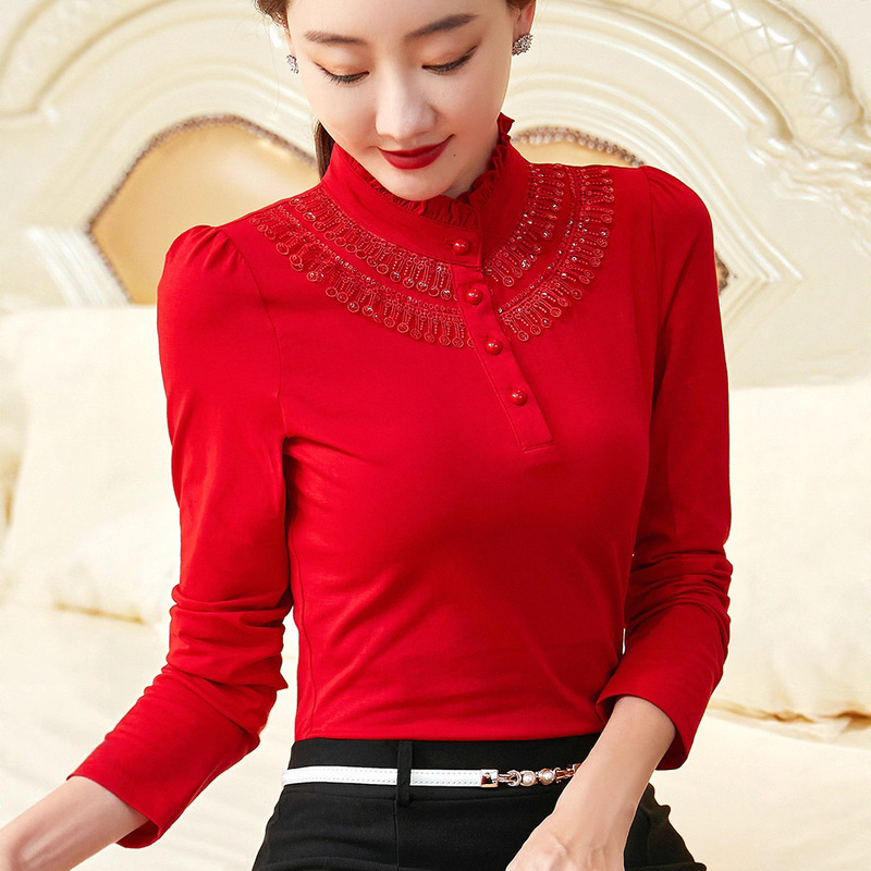 Cotton Base Shirt for Women, Autumn and Winter Fleece-Lined Plus-Size Top, Fashionable and Stylish, Thickened with Fleece, Half-High Collar Shirt