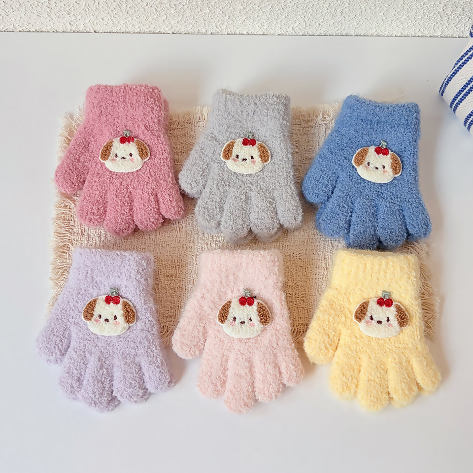 New cartoon cute baby gloves for autumn and winter, warm and cold-proof, five-fingered, suitable for outdoor cycling, anti-freeze, cherry puppy design