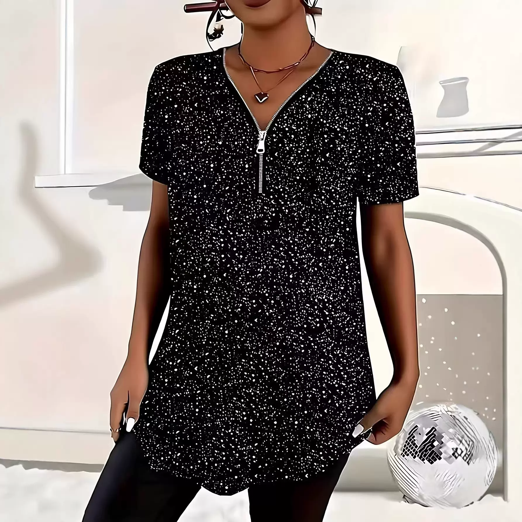 2026春夏大码女装跨境亚马逊黑白波点休闲T恤 优雅闪亮拉链上衣