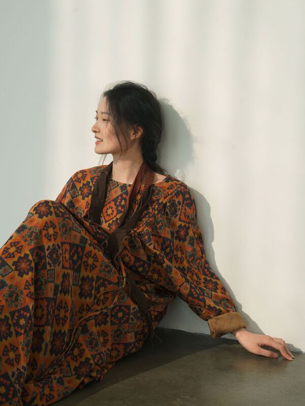 Original Design Spring and Summer Vintage Printed Robe Chinese Style Ethnic Personality Loose Drawstring Dress L24039
