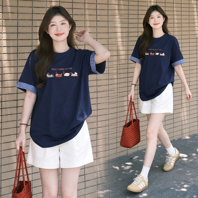 Maternity Short-Sleeve T-Shirt Summer Navy Blue Thin Style Casual Shorts Set Stylish Slimming Casual Wear Maternity Short-Sleeve T-Shirt Summer Navy Blue Thin Style Casual Shorts Set Stylish Slimming Casual Wear
