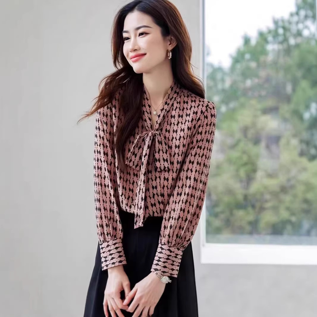 Áo sơ mi nữ dài tay phong cách thông thường, thiết kế dây buộc giảm tuổi — màu hồng chi tiết 5