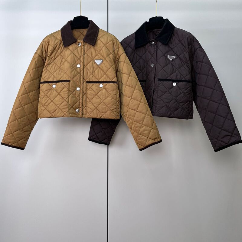 Autumn and Winter New Checkered Diamond-Pattern Short Cotton Jacket for Women with Corduroy Lapel and Large Pockets, Cotton-Padded Top