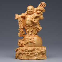 A solid wood Yabai carving depicting a laughing Maitreya Buddha with a bag of wealth, suitable for home worship, embodying traditional Chinese craftsmanship.