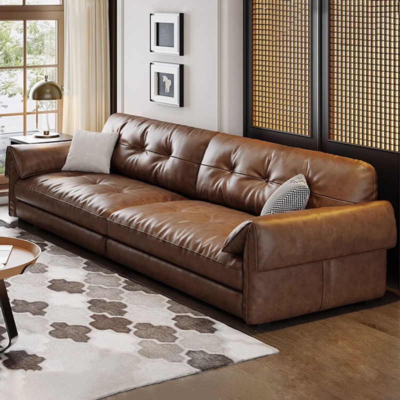 Foshan Genuine Leather Modern Simple Small Apartment Sofa Small Yellow Cowhide Living Room Straight Row Retro Style Normcore Leather Art Sofa