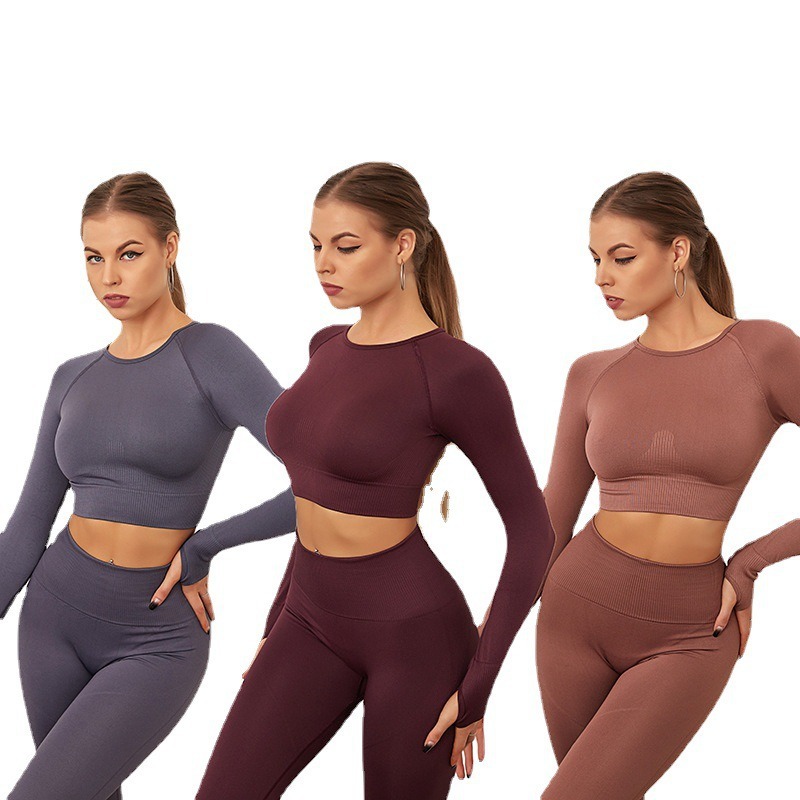Selección estricta Ropa de yoga sin costuras europeas y americanas otoño adelgazamiento de las mujeres Pantalones deportivos ajustados traje de fitness de Yoga de manga larga transfronterizo mujeres