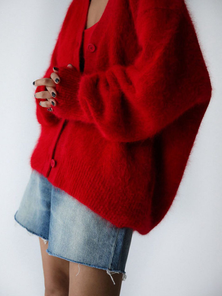 Áo cardigan len dệt kim giả lông chồn cổ V tay dài form rộng nữ — Màu hồng, Màu kaki, Màu trắng, Màu xám nhạt chi tiết 40