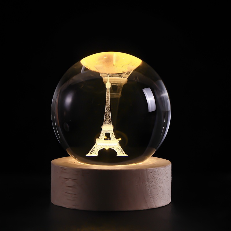 Bola de cristal luminosa lámpara de noche 3D esculpida estrella base de madera sólida regalo de cumpleaños decoración de escritorio creativa