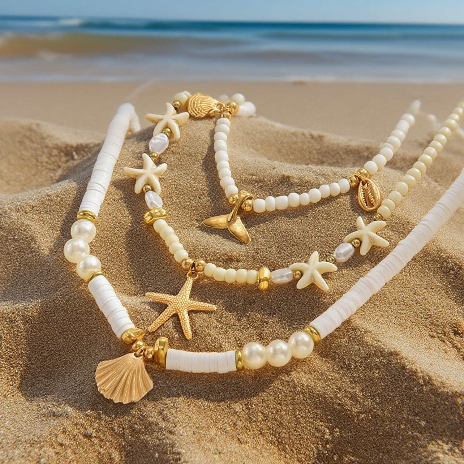 Set collana tre pezzi stella marina conchiglia e perle stile mare_voghion.com