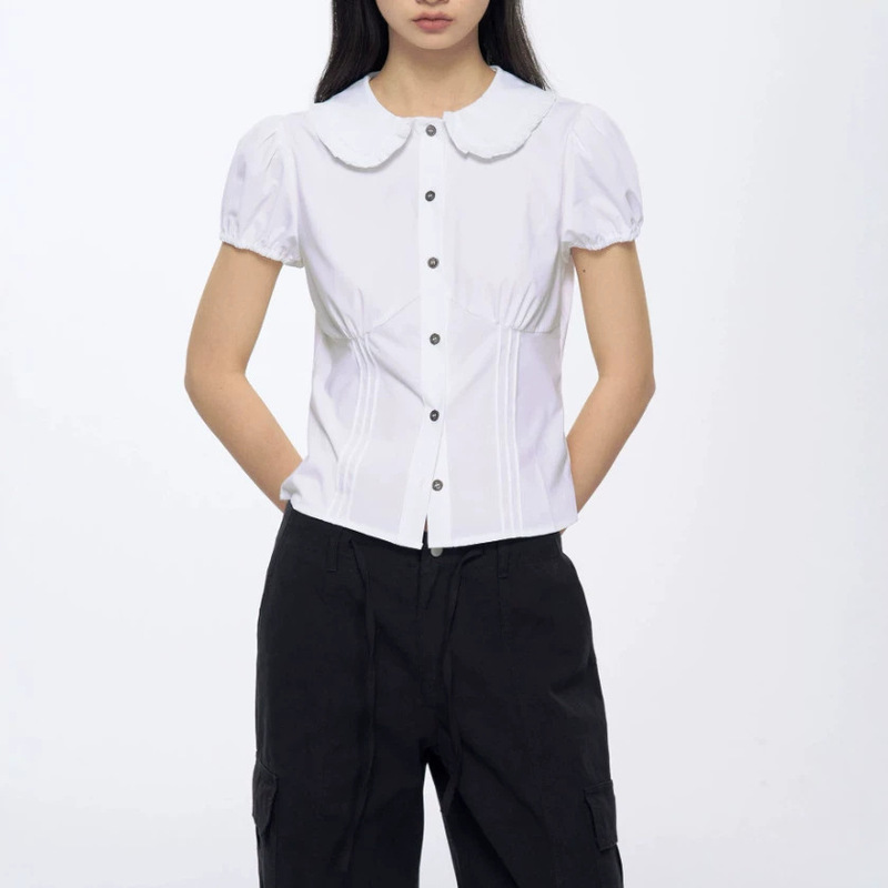 Archivun Lace Ruffle Doll Collar Shirt with Shell Buttons, Slim Fit Design, Short Sleeve T-Shirt for Summer Archivun Lace Ruffle Doll Collar Shirt with Shell Buttons, Slim Fit Design, Short Sleeve T-Shirt for Summer