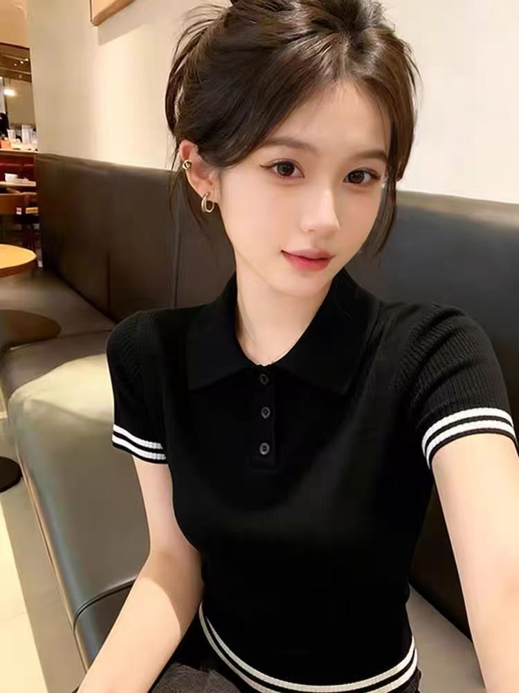 Áo thun polo nữ tay ngắn cổ bẻ dệt kim co giãn phong cách Hàn Quốc — đen