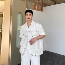 夏季牛仔夹克辑明线韩版工装棒球领设计复古短袖上衣男外套潮
