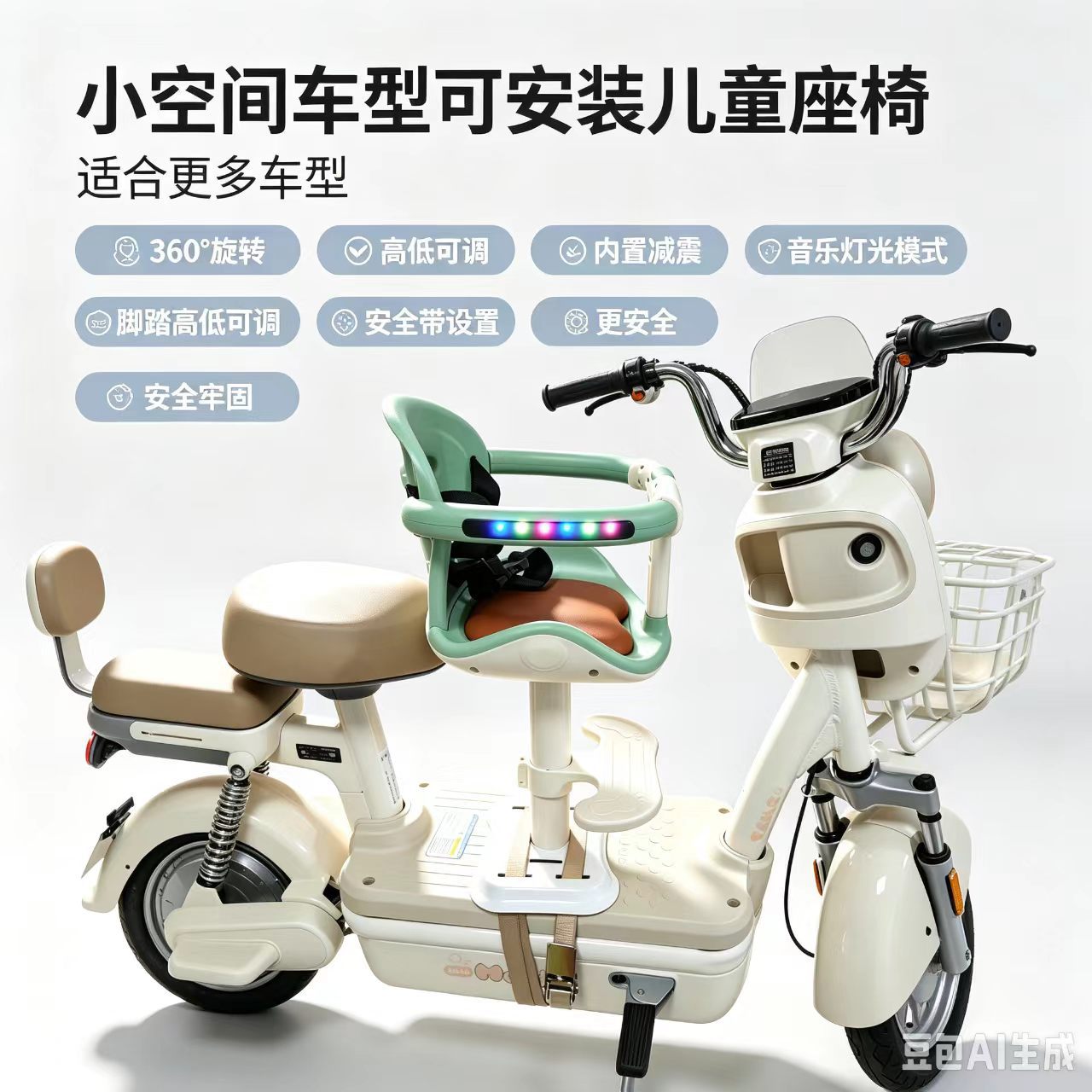 Front-mounted shock-absorbing child seat for electric vehicles, universal safety seat for electric motorcycles, electric tricycles, and battery-powered vehicles