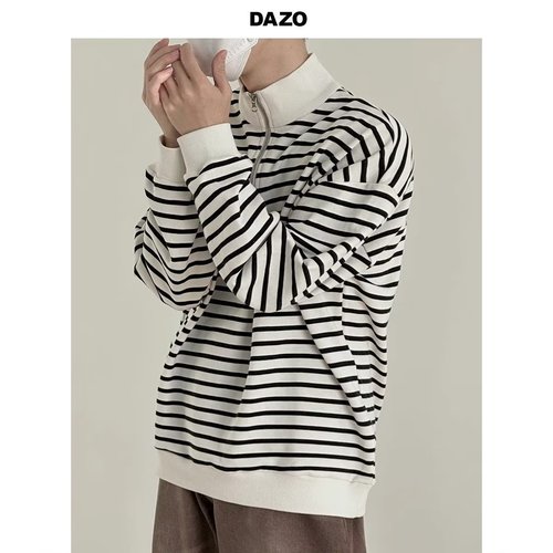 Men's Spring and Autumn Striped Half-Zip Stand Collar Sweatshirt, Ins Korean Version Fashion Loose Minimalist Long Sleeve T-Shirt Top