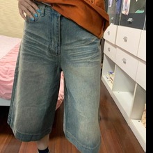 美式复古水洗小众牛仔短裤男女夏季街头直筒阔腿做旧休闲七分裤潮