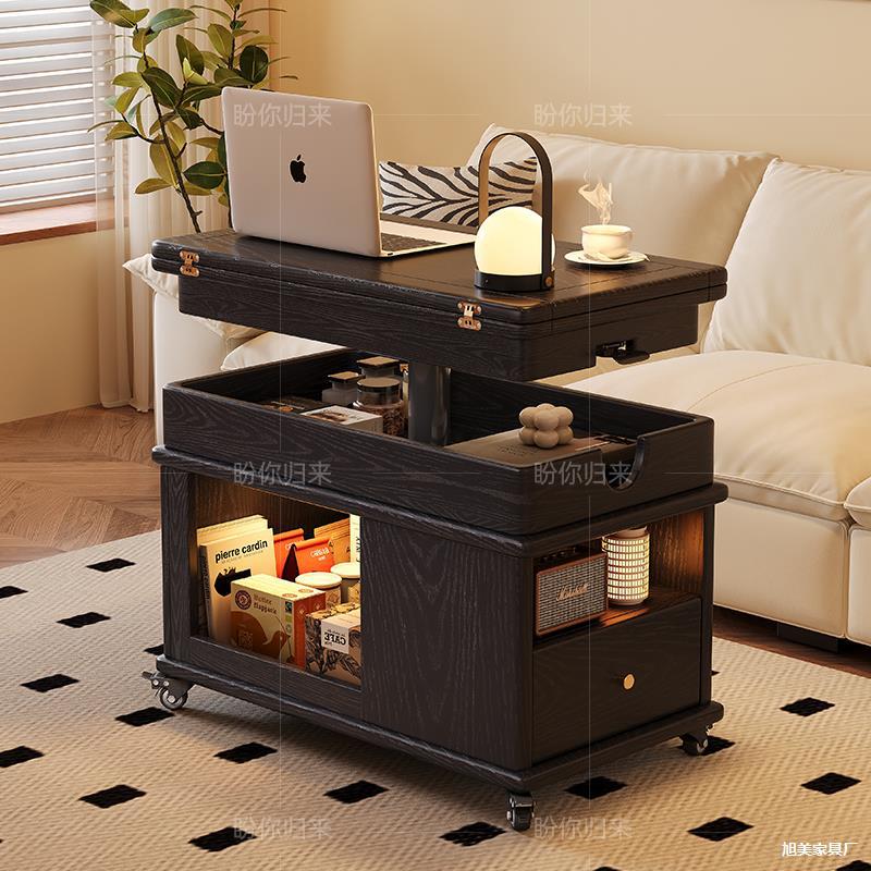 Medieval Style Solid Wood Coffee Table for Home, Liftable Living Room Sofa Side Table, Movable Folding Trolley, Dual-Purpose Dining Table