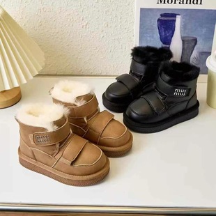 2024 new thick-soled sheepskin one waterproof children's snow boots women's fleece-lined thickened velcro snow cotton