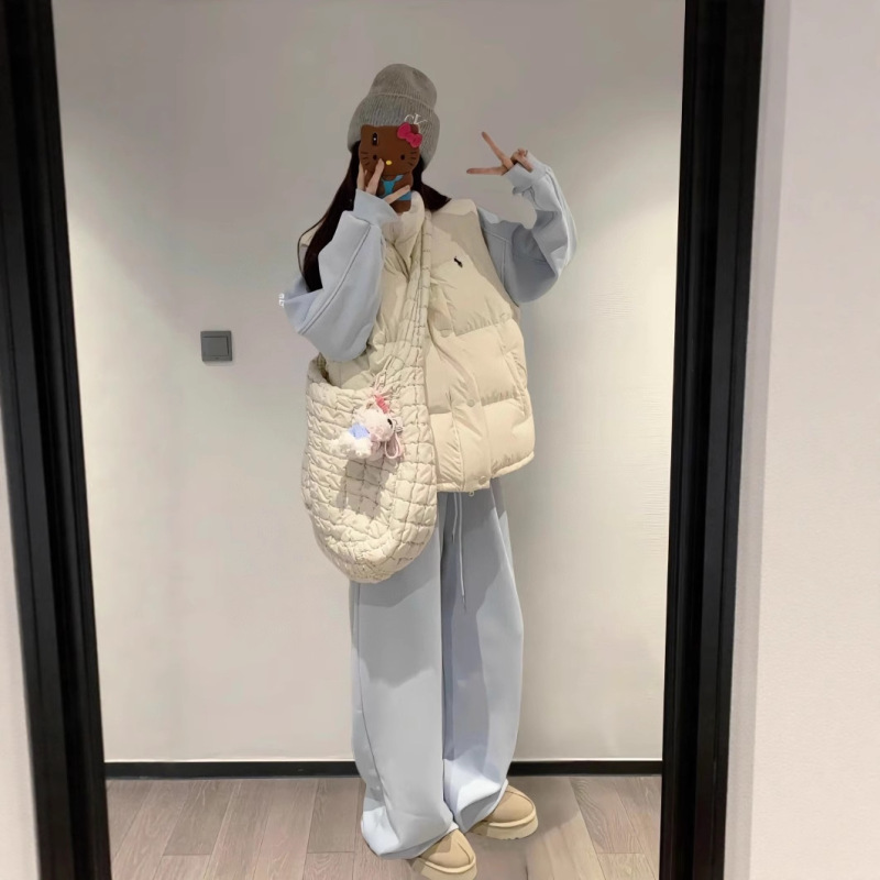 Raffaello Embroidered Sea Salt Blue down Vest Elastic Casual Pants Women's Loose Fleece Sweatshirt Set Three-Piece Set