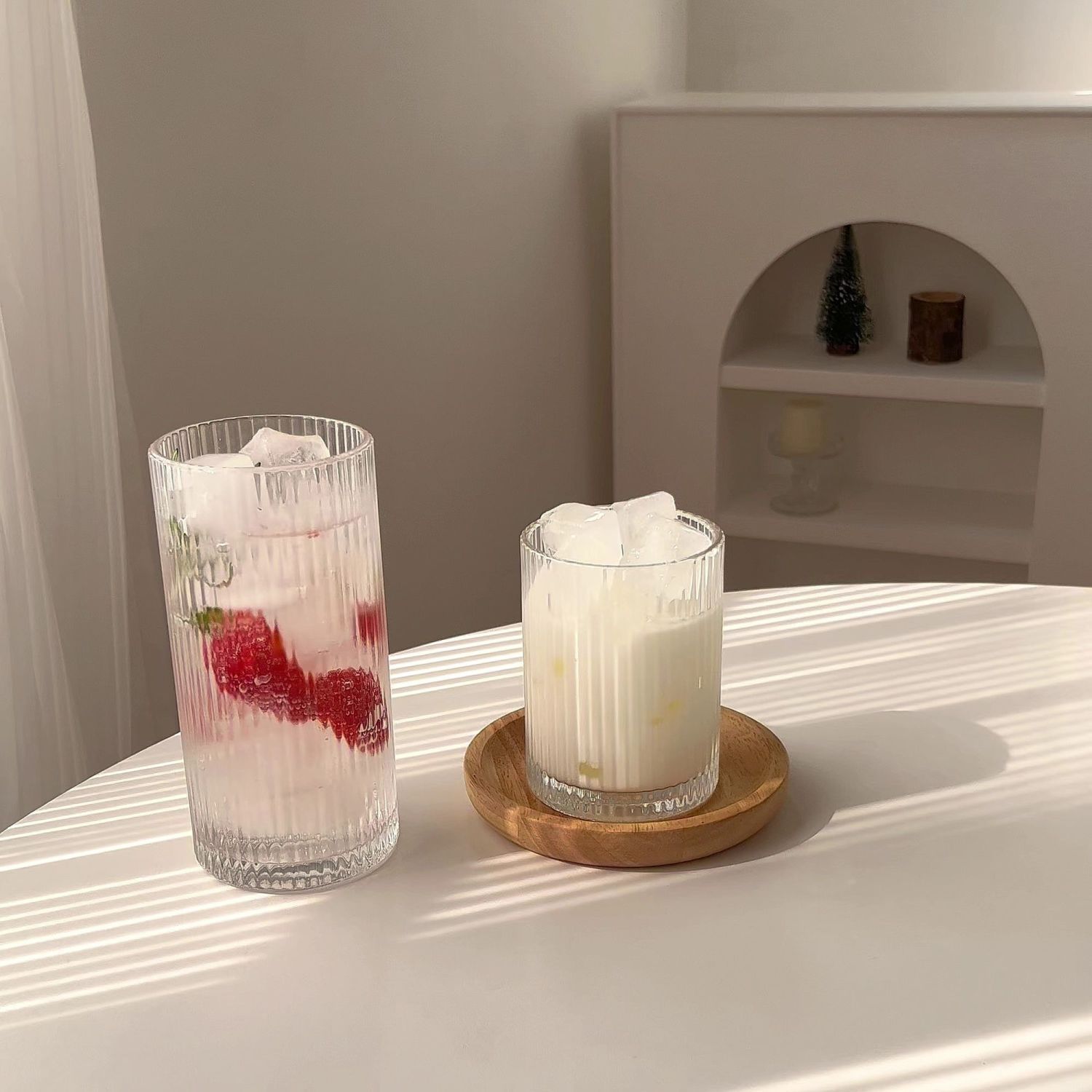 Inswind simple taza de vidrio rayado taza de café americana taza de jugo de latte taza de bebida fría taza de desayuno de leche