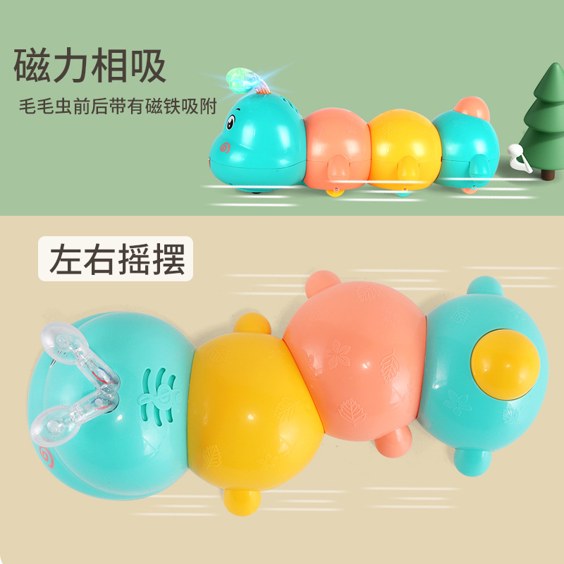 Disparar el mismo tipo de oruga magnética universal eléctrica música iluminación dibujos animados animales juguetes para niños al por mayor