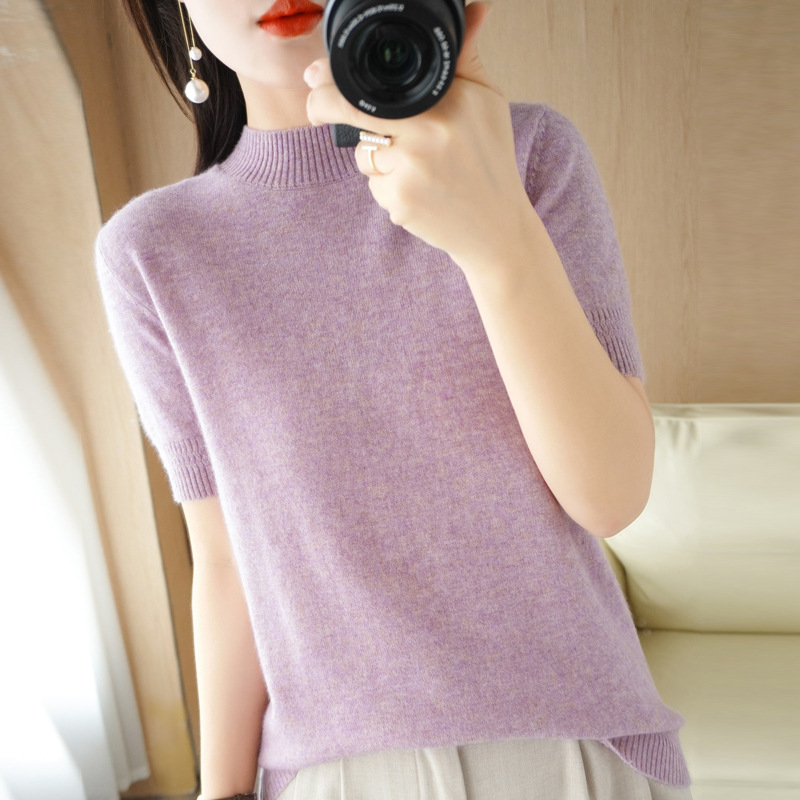 Spring Knitted Short-Sleeve Women's Half-Turtleneck Slim-Fit T-Shirt, Fashionable Slim-Fit Pullover Sweater, Inner Wear Half-Sleeve Top