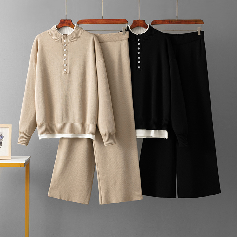 Damen Strick Zweiteiler Set Mit Lockerem Pullover Und Weiter Hose_voghion.com