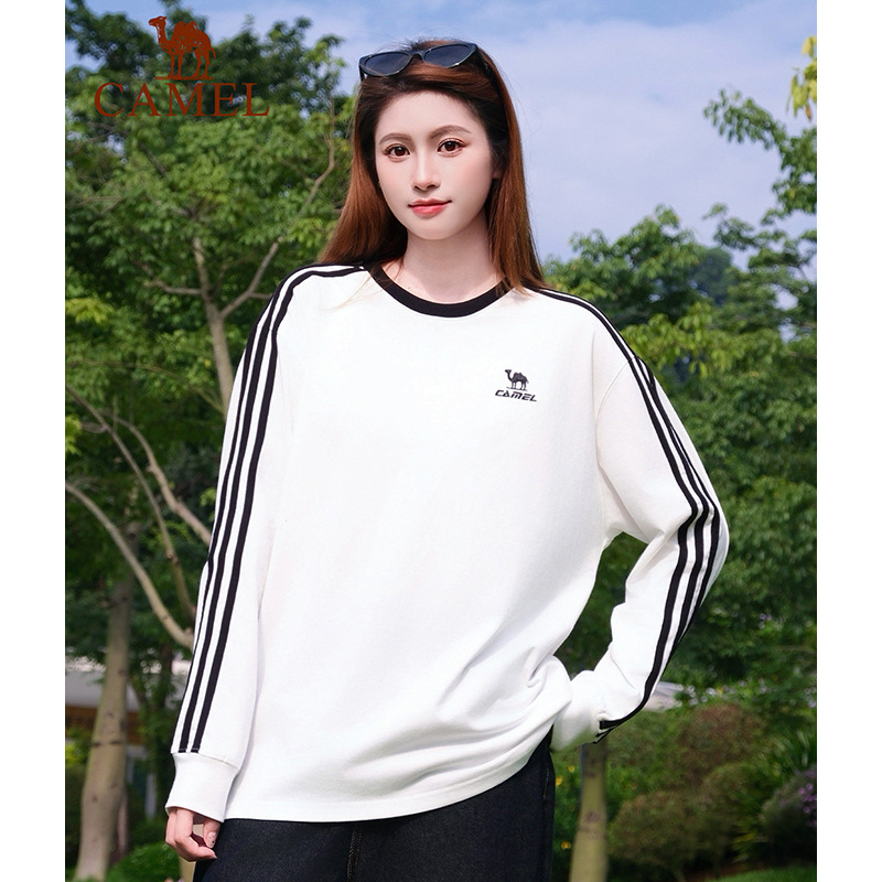 Camel's new soft, round-neck, long-sleeved T-shirt for women, a heavyweight casual base layer, pure cotton outdoor sports sweatshirt for men