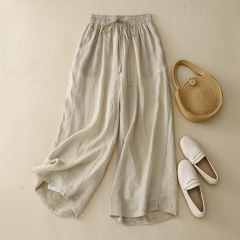 Pick up the Leakage ~ Counter Tail Goods Double-layer Linen Nine-point Pants, Retro Loose, Lightweight, Casual Cotton and Linen Wide-leg Pants for Women