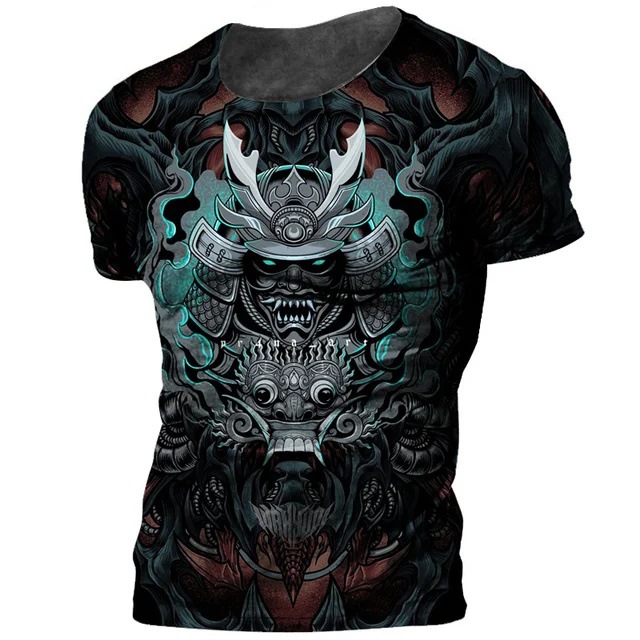 Tinta Jianghu Swordsman 3D Impresión digital Moda de la calle principal para hombres Camiseta de cuello redondo de manga corta transpirable de malla suelta