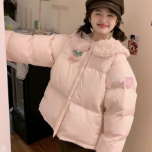 粉色娃娃领拼接樱桃加厚棉衣棉服女童冬季保暖外套甜美面包服棉袄