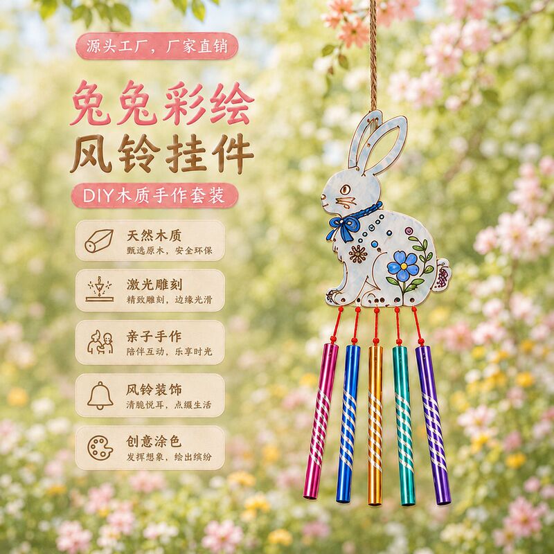 Cross-Border Rabbit Wind Chime Wooden Set Children's Easter Gift DIY Wooden Craft Material Kit Gift