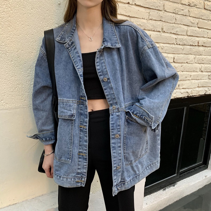 840g Weight Denim Jacket Outerwear Type Long Sleeve Sleeve Length Single Breasted Placket Type Shirtsleeve Sleeve Type Denim Fabric Type Regular Top Length Coat Tops Type Daily Occasion Turndown Neckline Loose Fit Type Solid Color Pattern Spring, Autumn Season Women's Gender Pocket Design Simple Style Style Women's Simple Style Solid Color Pocket Single Breasted Coat Denim Jacket