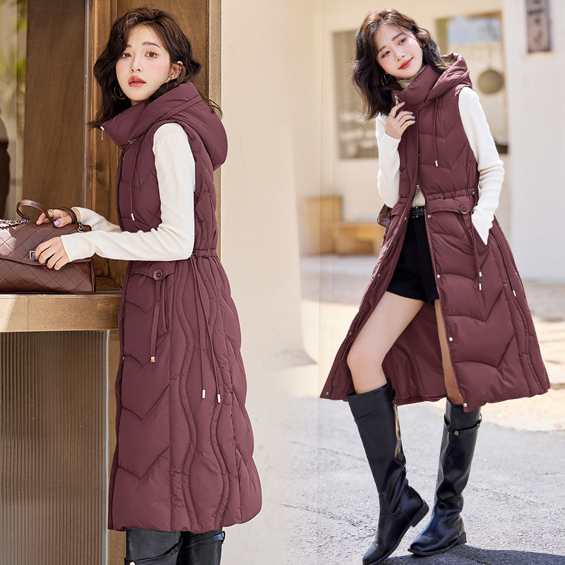 Otoño y invierno 2025 nuevo chaleco de algodón de pluma para mujeres medianas y largas delgadas cintura delgada de moda de algodón abrazadera de hombro chaqueta