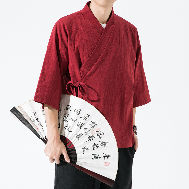 Seven-Sleeve Hanfu Men's Ancient Costsize Side Cardigan Chinese Style Robe Simple Pastoral Lay Zen Traditional Culture Coat