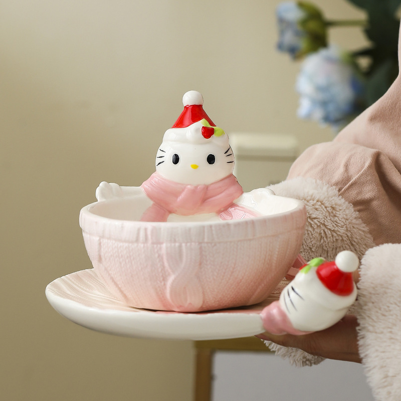 Cute Rice Bowl Christmas Hellokitty Ceramic Anti-Scalding Girly Heart Household Bowl Underglaze Color Home Accessories for Gift Giving