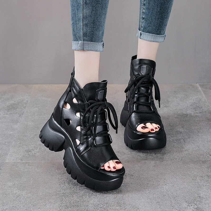 Boot nữ cổ thấp miệng cá đế dày gót 9 cm da thật — Màu đen