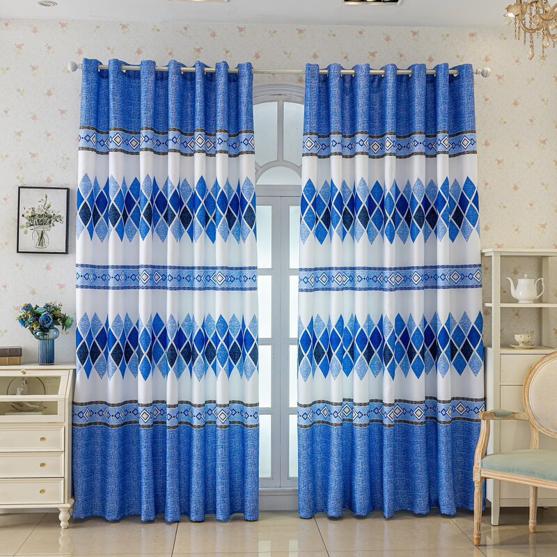 Cross-border blue and white diamond-pattern blackout fabric curtains suitable for bedroom, living room, and bay window, made of faux linen fabric for blackout and privacy protection Cross-border blue and white diamond-pattern blackout fabric curtains suitable for bedroom, living room, and bay window, made of faux linen fabric for blackout and privacy protection