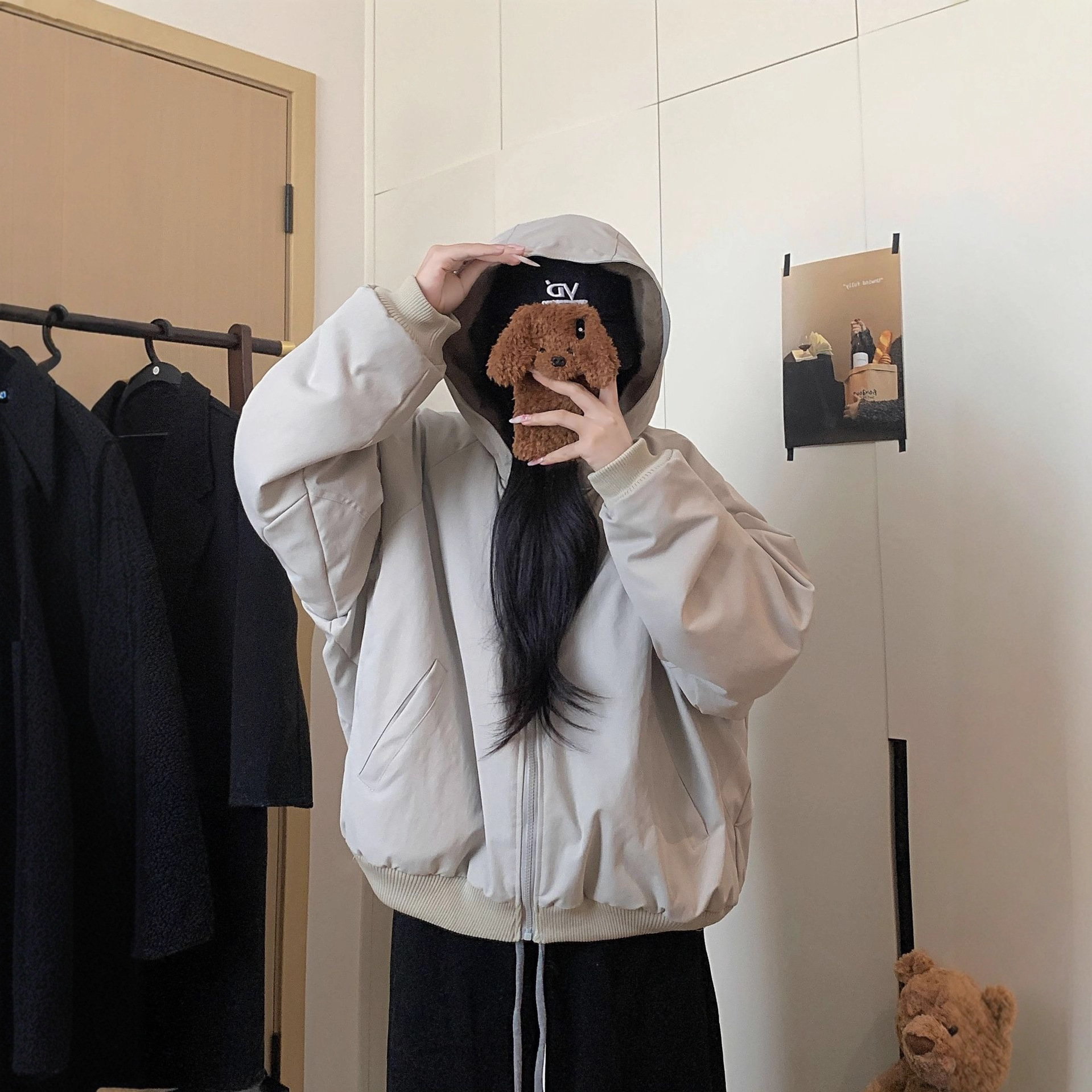 美式复古重磅帆布水洗貂毛座山雕工装外套女冬季加厚情侣棉衣棉服